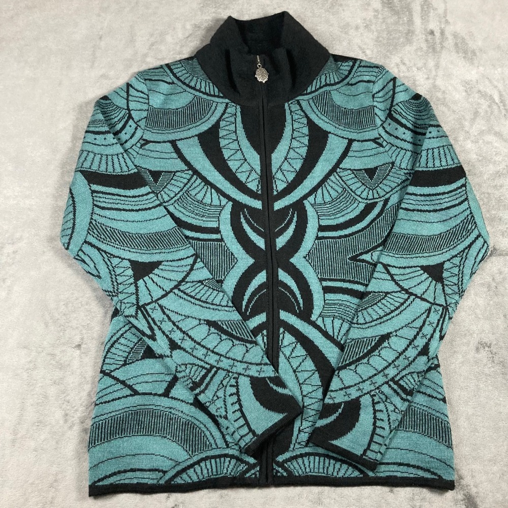 Icelandic Design Teal Black Geometric Wool Blend Full Zip Cardigan Sweater Small